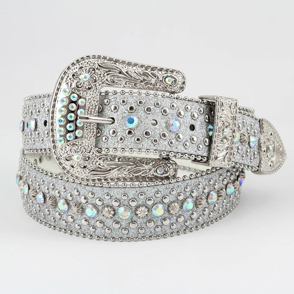 Engraved Silver Strap with Silver & Blue Studs Rhinestone Belt