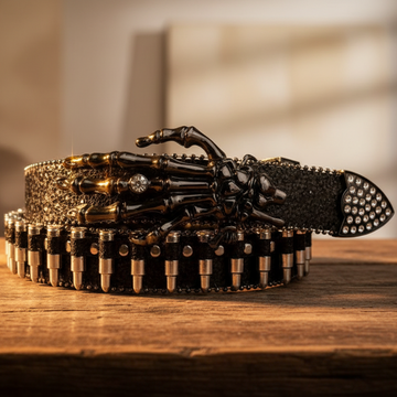Schwarzer Skelett-Hand-Strassgürtel – Schwarzer Glitzerriemen | Gothic Kristallgürtel