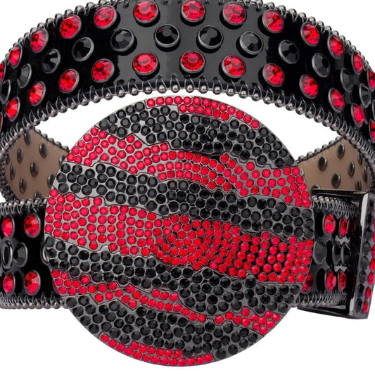 Red & Black Globe Buckle Rhinestone Belt with Black Strap