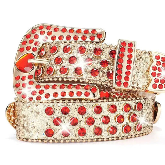 Gold Rhinestone Belt – Red Heart Buckle with Gold Glitter Strap