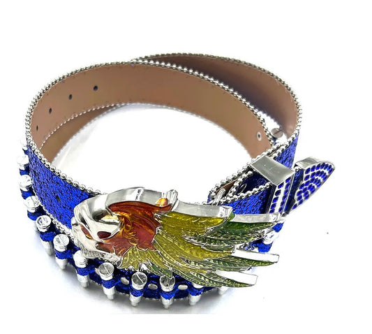 Feathers Skull Rhinestone Belt – Blue Glitter Bullet Strap