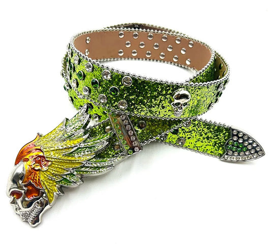 Feathers Skull Rhinestone Belt – Green Glitter Bullet Strap