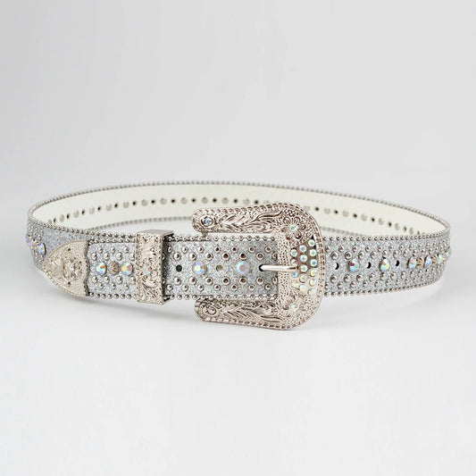 Engraved Silver Strap with Silver & Blue Studs Rhinestone Belt