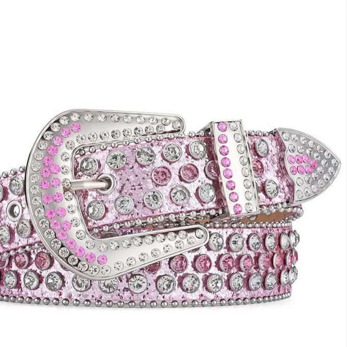 Pink belt with rhinestone details on a white background
