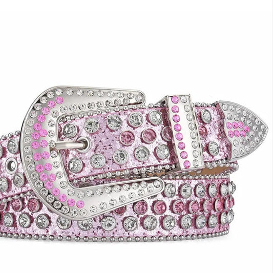 Pink belt with rhinestone details on a white background