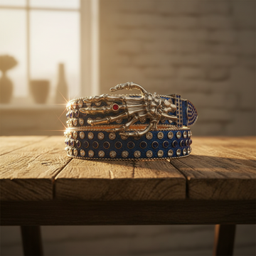 Silver Skeleton Hand Rhinestone Belt Blue Strap – Luxury Handmade Designer Gift Bling