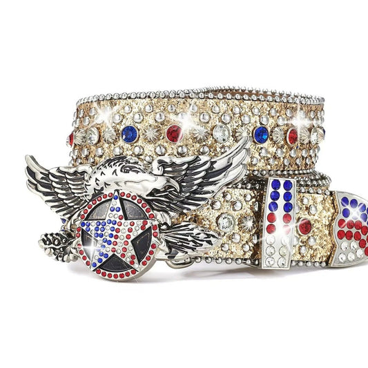 Decorative belt with eagle emblem and colorful gemstones on a white background