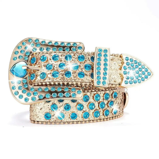 Cristal Heart Rhinestone Belt with Blue Heart Buckle & Gold Glitter Strap. Unisex Western glam – secure stones, premium design, bold sparkle.