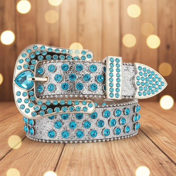 Cristal Heart Rhinestone Belt with Blue Heart Buckle & Gold Glitter Strap. Unisex Western glam – secure stones, premium design, bold sparkle.