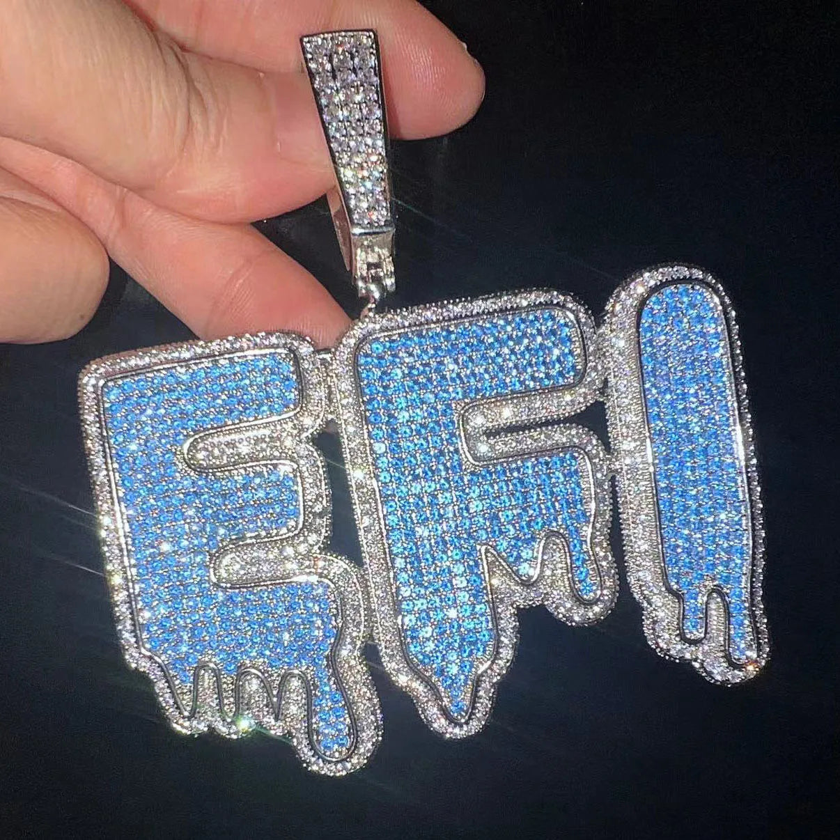 Blue Dripping CZ Custom Name Necklace-Rhinestone Custom Name Necklace-The Rhinestone Belts