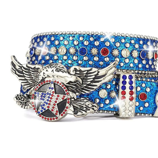 Decorative belt with eagle emblem and colorful gemstones on a white background
