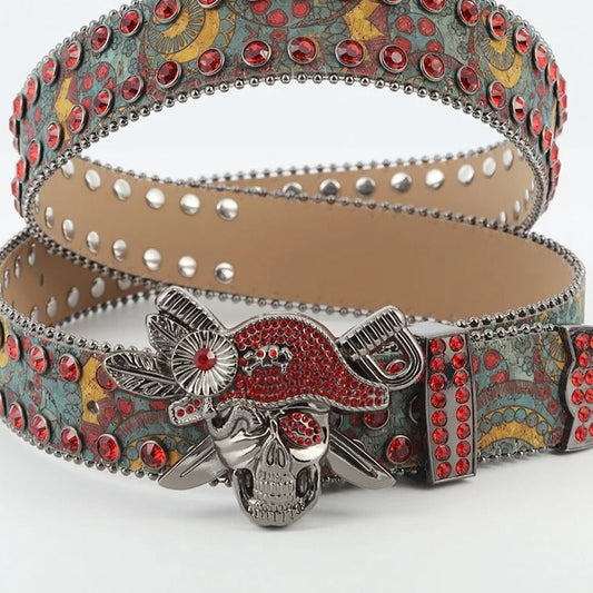 Red Hat Pirate Skull Buckle Rhinestone Belt Cross Sowrd