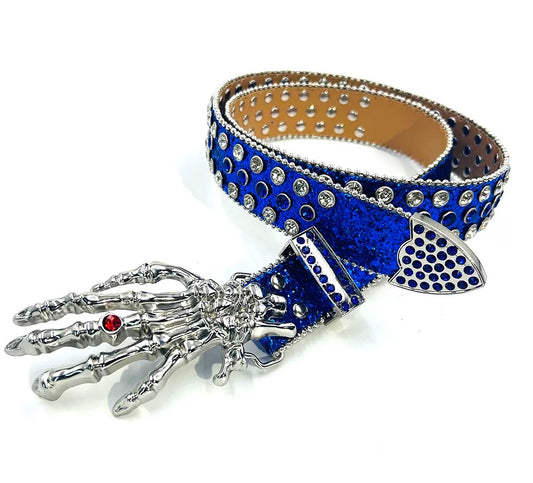 Silver Skeleton Hand Rhinestone Belt Blue Strap