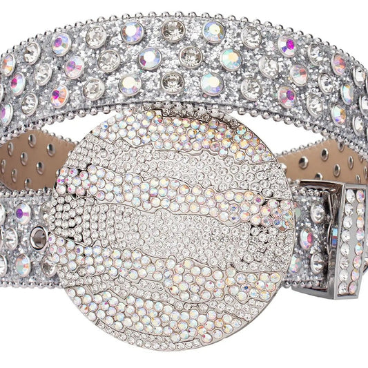 White Globe Buckle Rhinestone Belt with Silver Strap