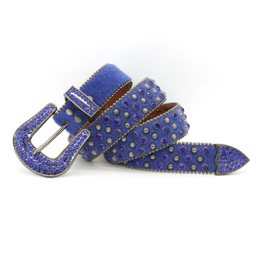 Starburst Stud and Blue Crystal Skull Rhinestone Fur Belt