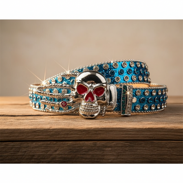 Skeleton Hand Rhinestone Belt Blue Strap – Luxury Handmade Designer Gift Bling