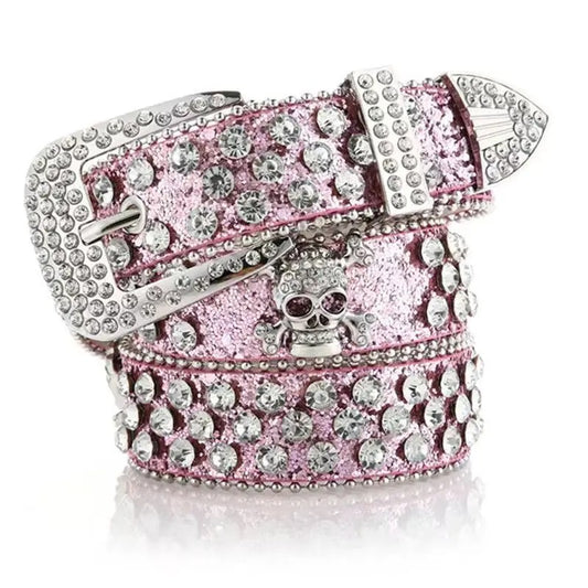 Pink Rhinestone Crystal Skull Glitter Belt - TRB