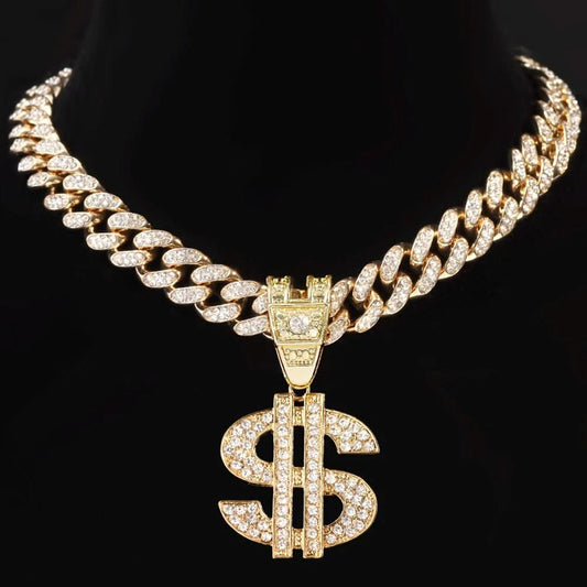 Men’s Silver Bling Dollar Pendant with Iced 13mm Cuban Chain Necklace