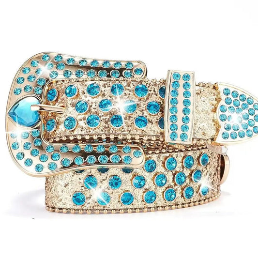 Cristal Heart Rhinestone Belt with Blue Heart Buckle & Gold Glitter Strap. Unisex Western glam – secure stones, premium design, bold sparkle.