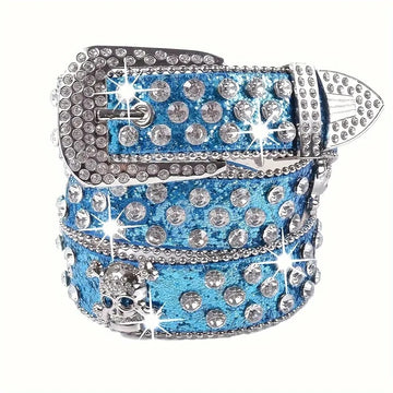 Blue Rhinestone Skull Glitter Belt