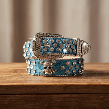 Blue Rhinestone Skull Glitter Belt – Luxury Handmade Designer Gift Bling Men Women
