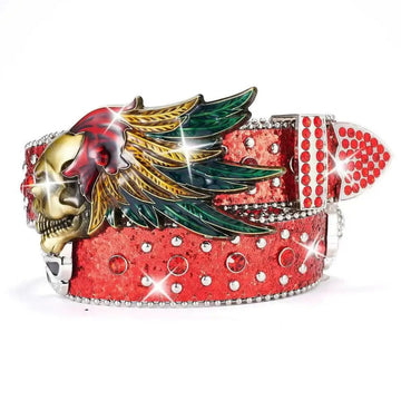 Feathers Skull Rhinestone Belt Glitter Red Strap