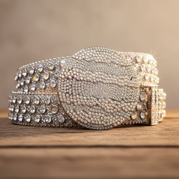 White Globe Buckle Rhinestone Belt with Silver Strap