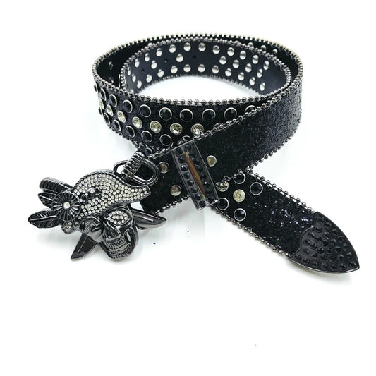 Black Pirate Skull Buckle Rhinestone Belt
