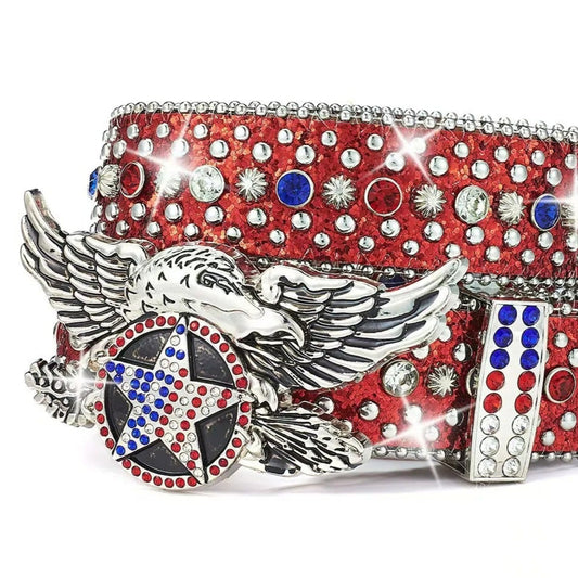 Decorative belt with eagle emblem and American flag design on a white background