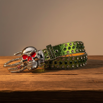 Silver Skeleton Hand Rhinestone Belt Green Strap