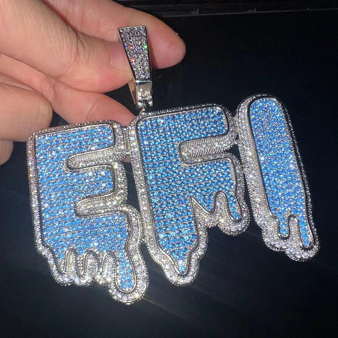 Blue Dripping CZ Custom Name Necklace-Rhinestone Custom Name Necklace-The Rhinestone Belts
