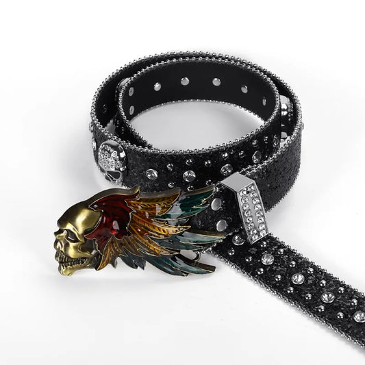 Feathers Skull Rhinestone Belt Black Glitter Strap