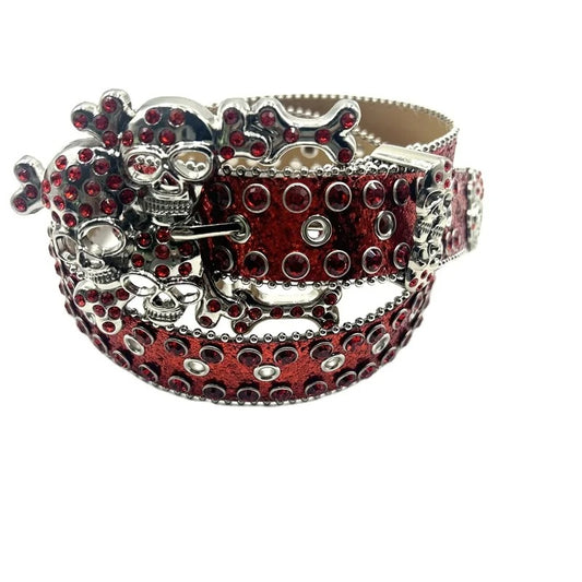 Red studded belt with skull design on a white background