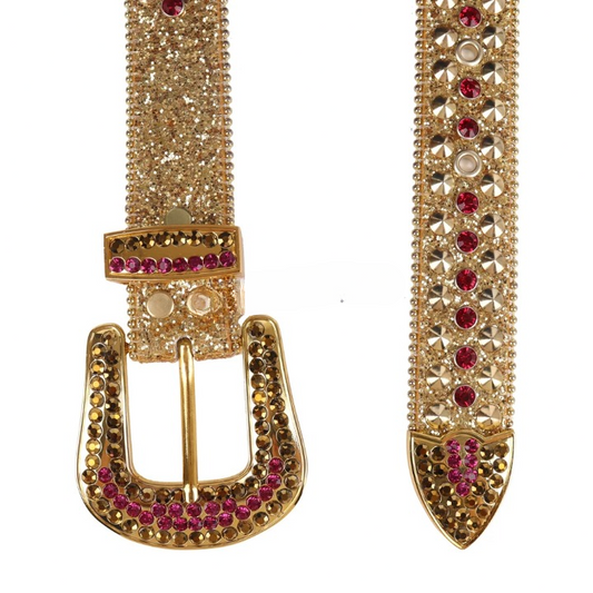 Rhinestone Belt with Red Stud Accents Gold Strap