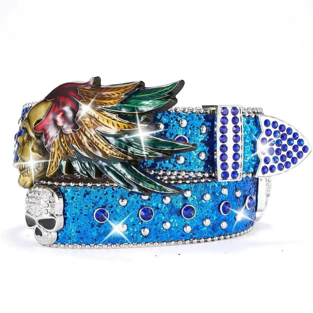 Feathers Skull Rhinestone Belt – Blue Glitter Strap
