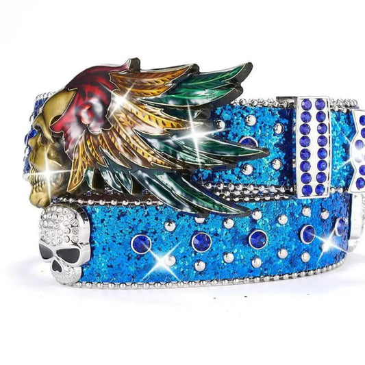 Feathers Skull Rhinestone Belt – Blue Glitter Strap