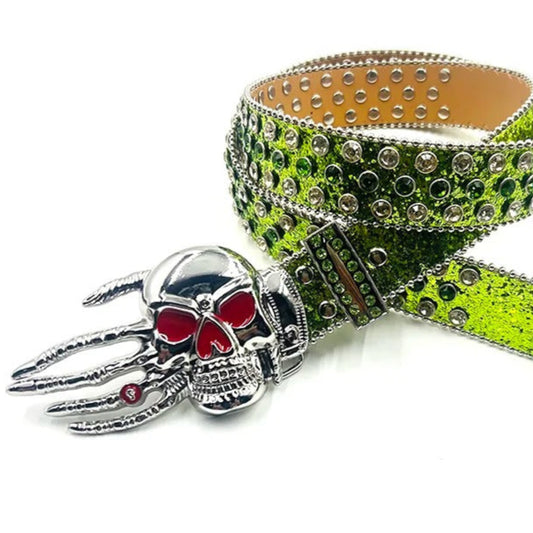 Silver Skeleton Hand Rhinestone Belt Green Strap