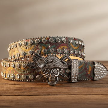 Green Pirate Skull Buckle Rhinestone Belt | Premium Crystal Bling Belt – Luxury Handmade Designer Gift Men/Women