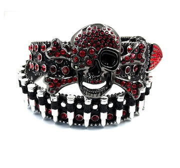 Black Crossbone Skull Rhinestone Belt with Silver Bullet