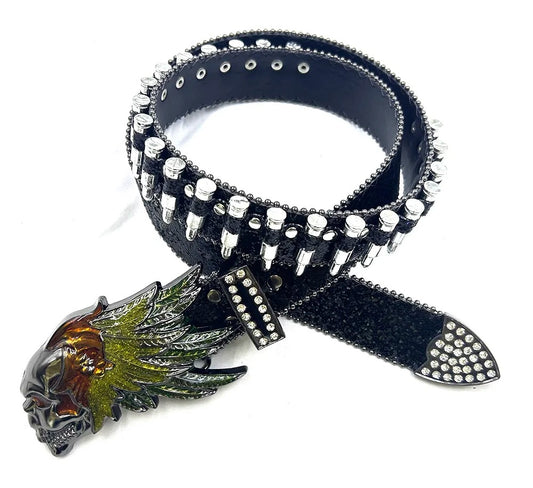 Feathers Skull Rhinestone Belt – Black Glitter Bullet Strap