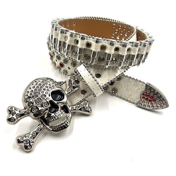 Skull Rhinestone Belt with White Bullet Strap