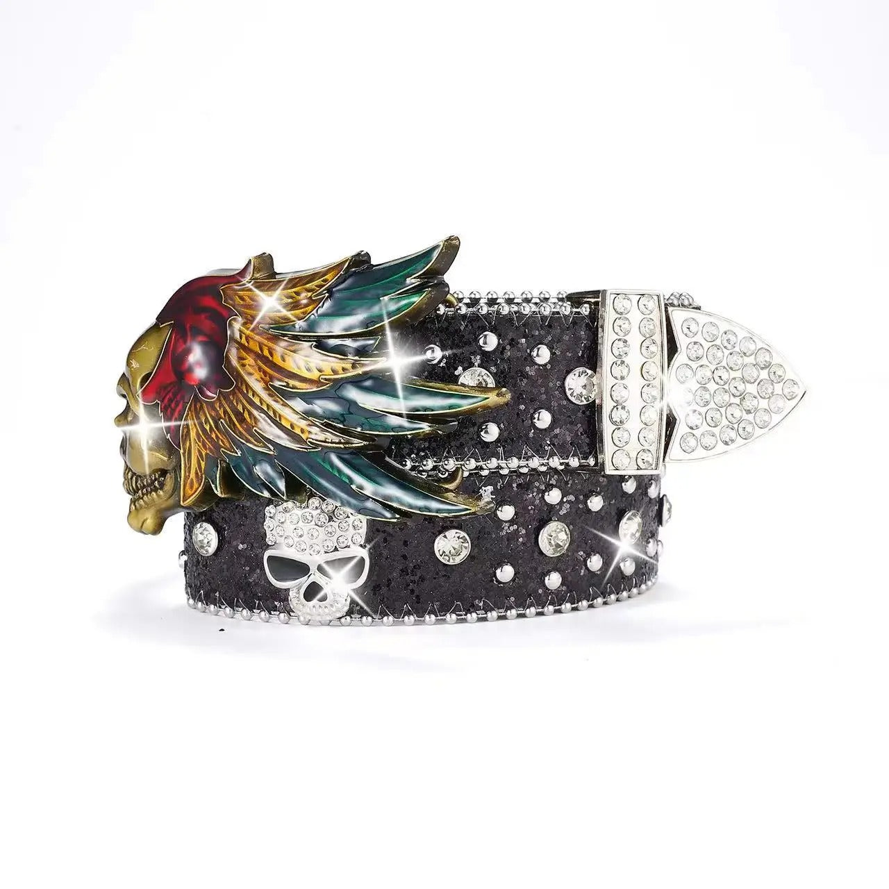 Feathers Skull Rhinestone Belt Black Glitter Strap