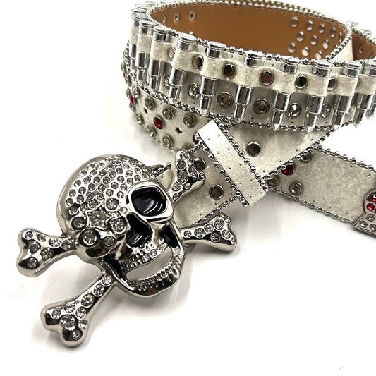 Skull Rhinestone Belt with White Bullet Strap
