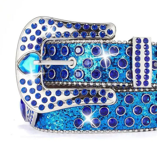 Blue Rhinestone Belt with Heart Buckle – Blue Glitter Strap