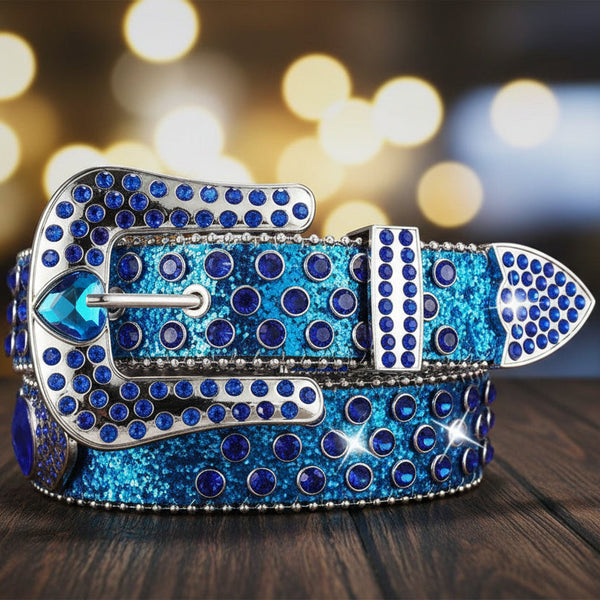 Blue Rhinestone Belt with Heart Buckle Glitter Strap – Luxury Handmade Designer Gift Bling Men Women
