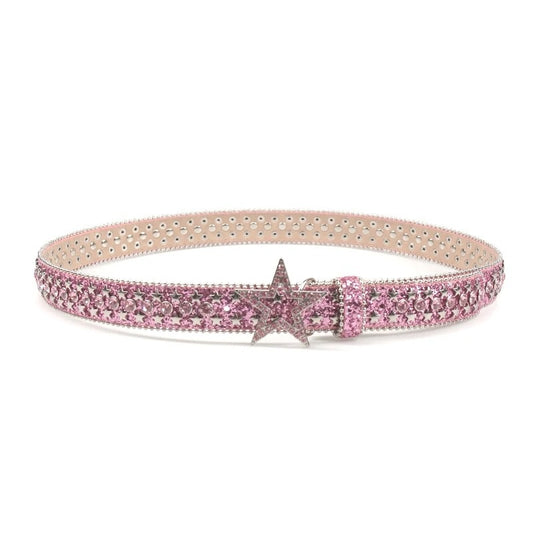 Pink Rhinestone Glitter Belt with Star Studs & Charm Buckle