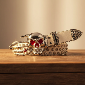 Silver Skeleton Hand Rhinestone Belt White Strap