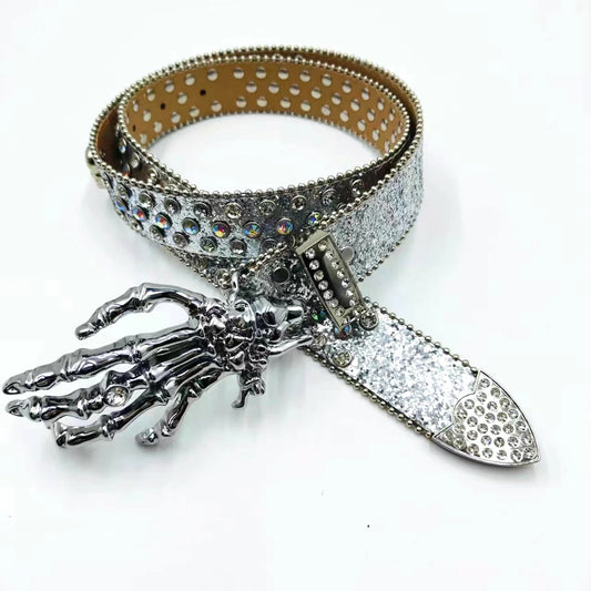 Skeleton Hand Rhinestone Belt Silver Strap
