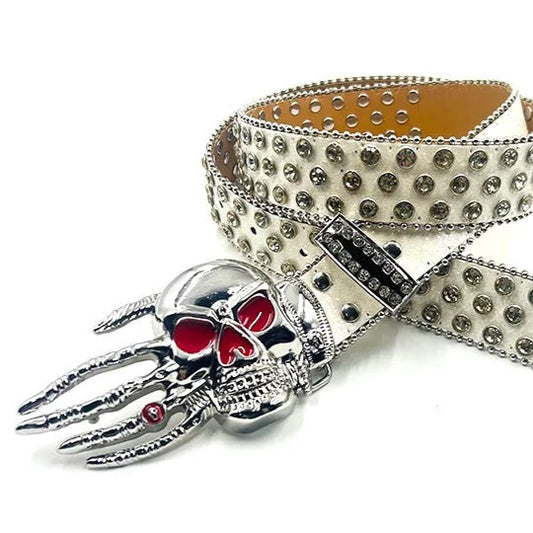Silver Skeleton Hand Rhinestone Belt White Strap