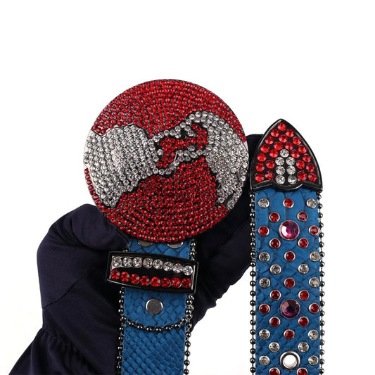 Red & Silver Globe Buckle Rhinestone Belt with Blue Strap